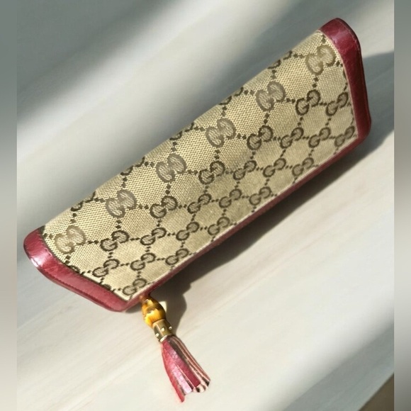 GUCCI GG Beige Logo Canvas Leather Red Bifold Zip Wallet Bamboo Leather tassels - Picture 6 of 15